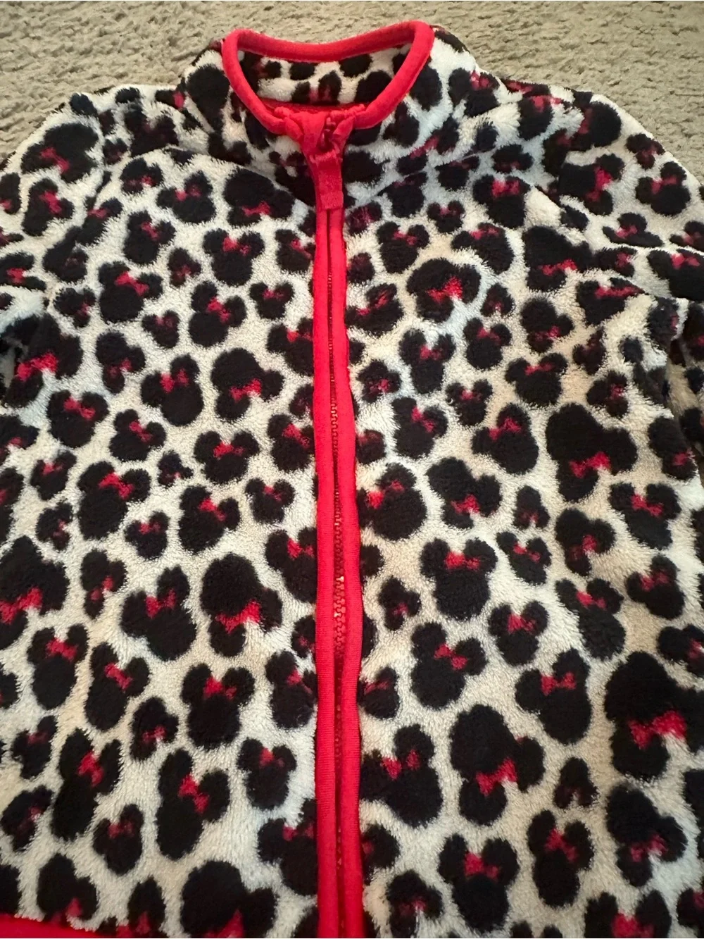 Disney Black, White and Pink Leopard Fleece Top with Red Trim